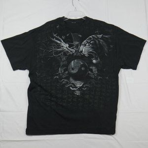 Vintage Y2K Japanese Skulls YingYang Lion Dragon Big Print T-Shirt Mens XL Black